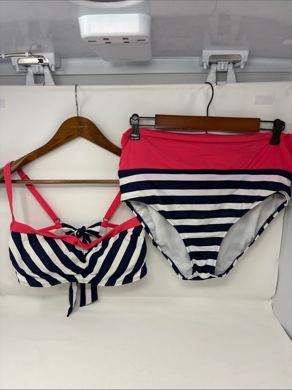 Beach House Navy Stripe High-Waist Bikini Set with Pink Trim Size 14